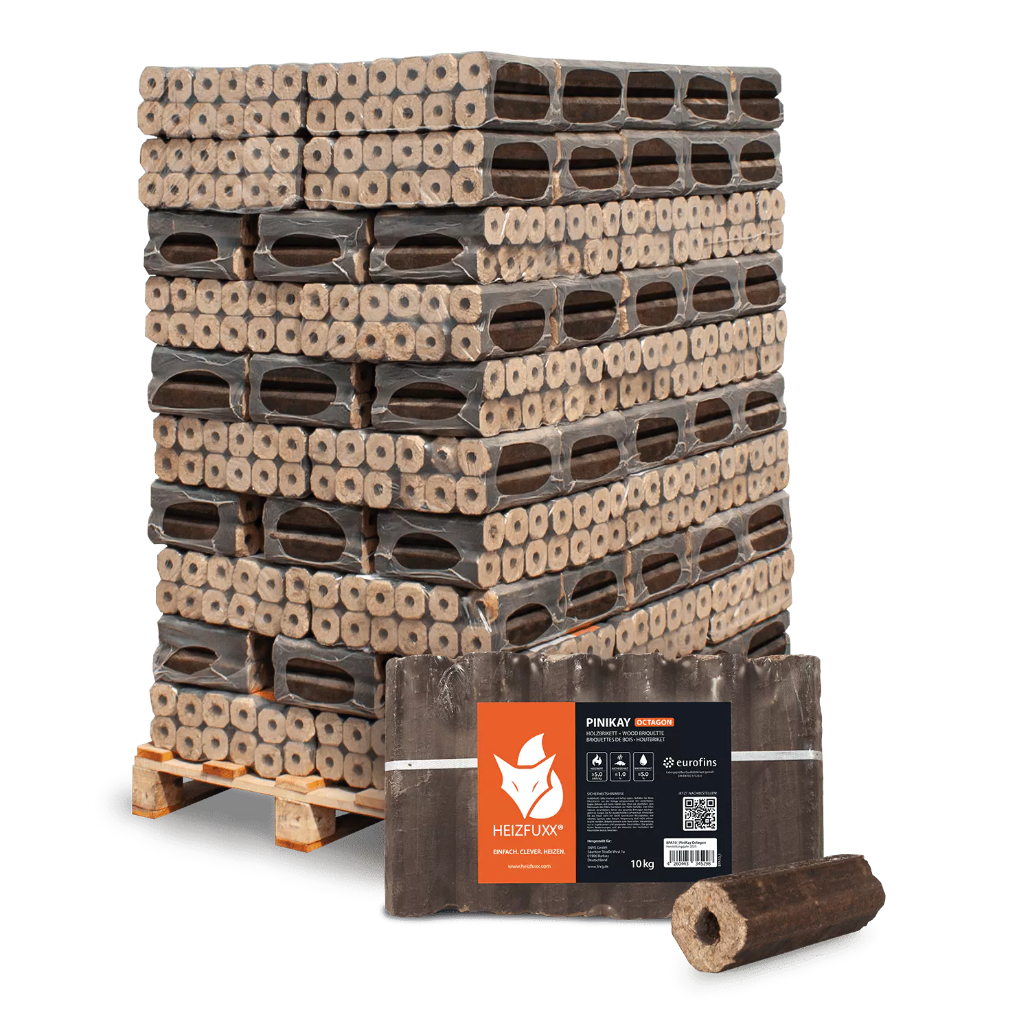 Briquettes de bois dur PiniKay Octogone - avec trou de tirage (palette 960 kg)