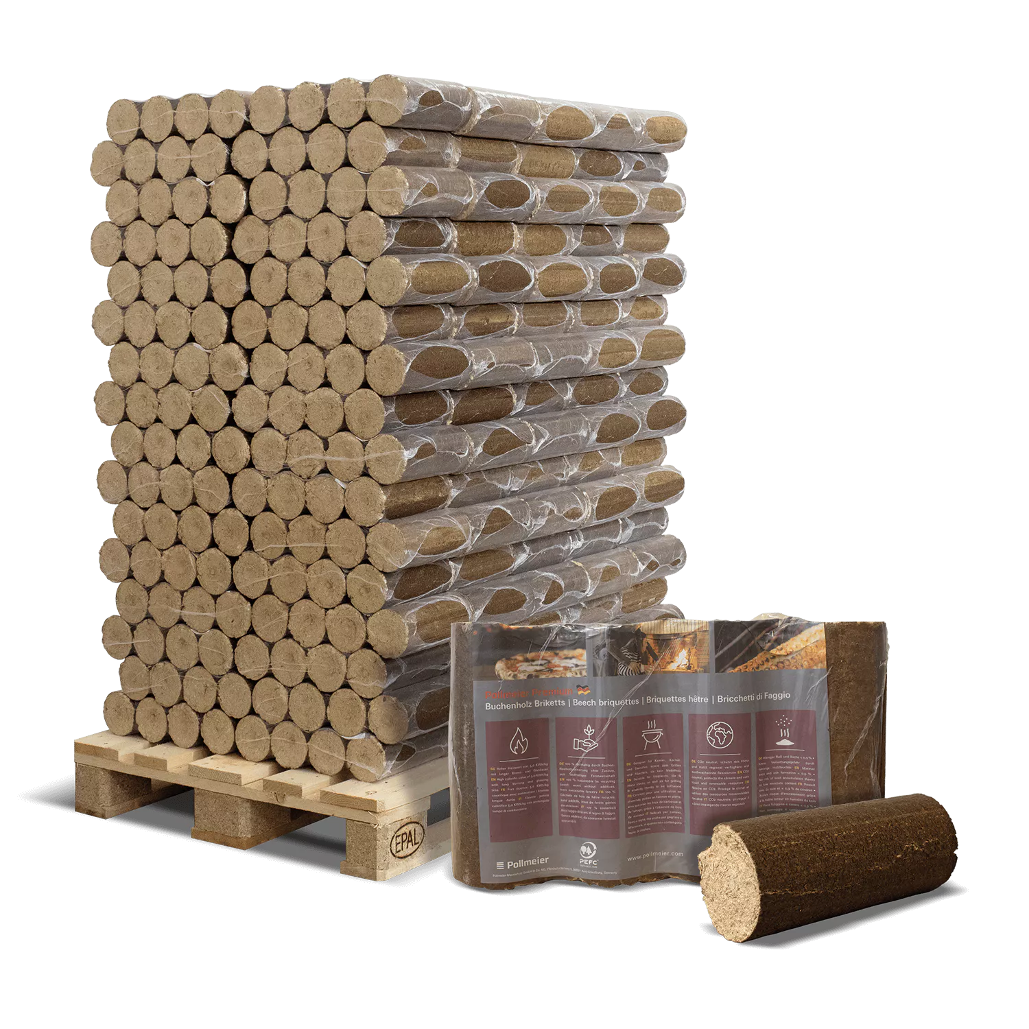 Briquettes de bois de hêtre Pollmeier Nestro - rondes sans trou (palette 960 kg)