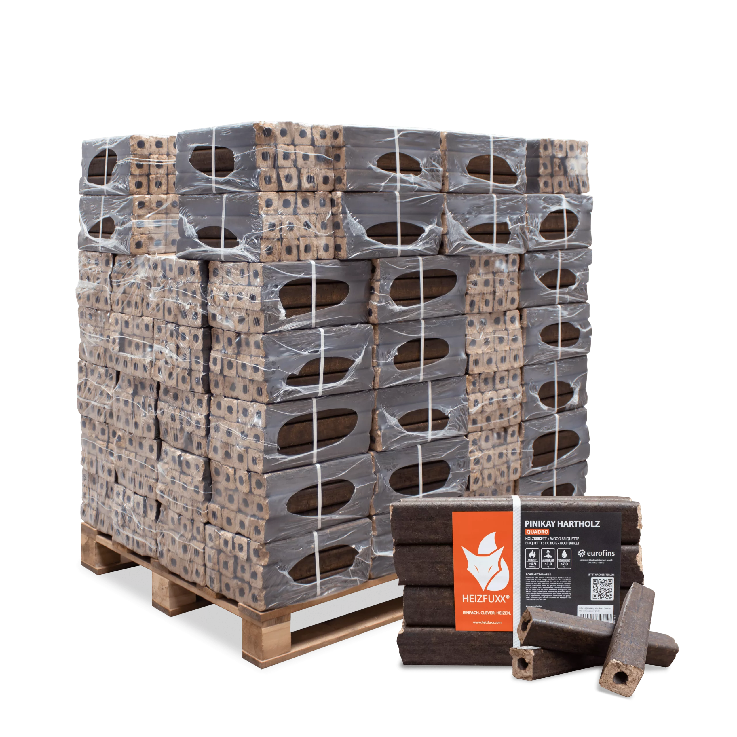 Briquettes de bois dur PiniKay Quadro - avec trou de tirage (palette 960 kg)