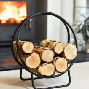 Étagère ronde pour bois de cheminée avec poignée - acier, noir, Ø 40 cm (H 45 cm)